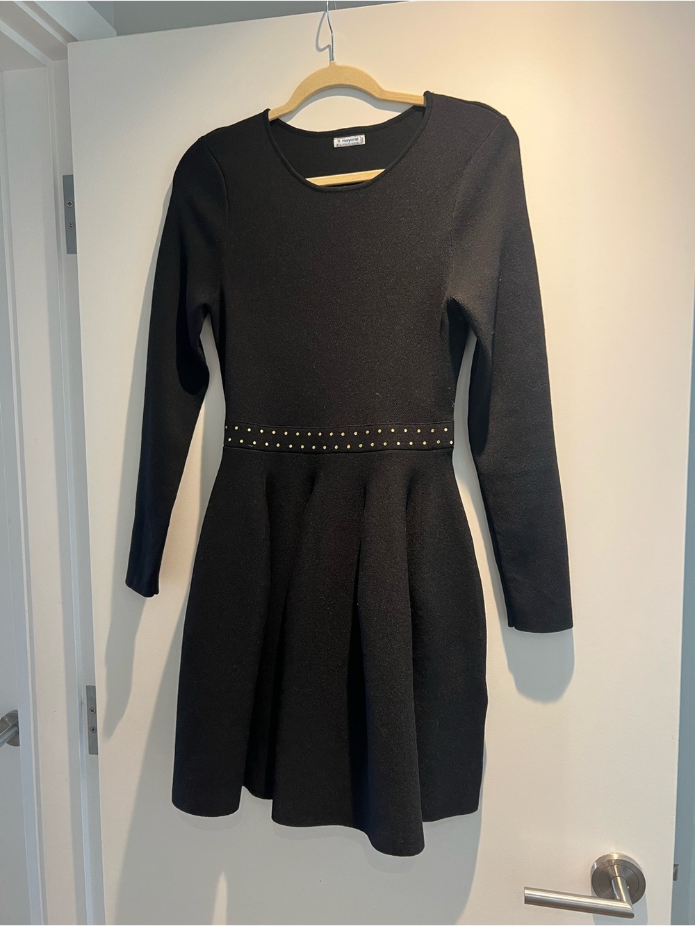 Mayoral Black Long-Sleeve Fit & Flare Dress with Studded Waist